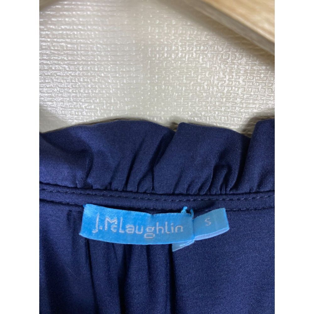 J. McLaughlin‎ Top Sz S Blue Ruffle Smocked Bishop Sleeve Stretch V-Neck Office - Picture 4 of 6